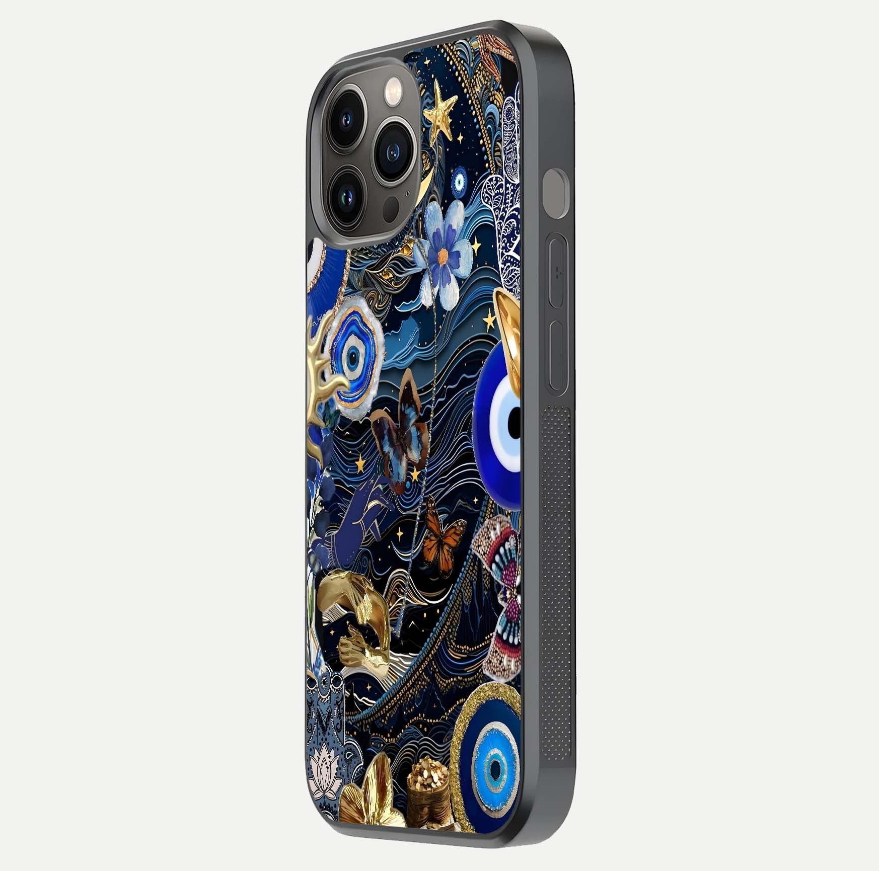 Golden Moon Magic Glass Case for iPhone 12 Pro Max side-angle image showing reflection glow, curved polish, and moon detail