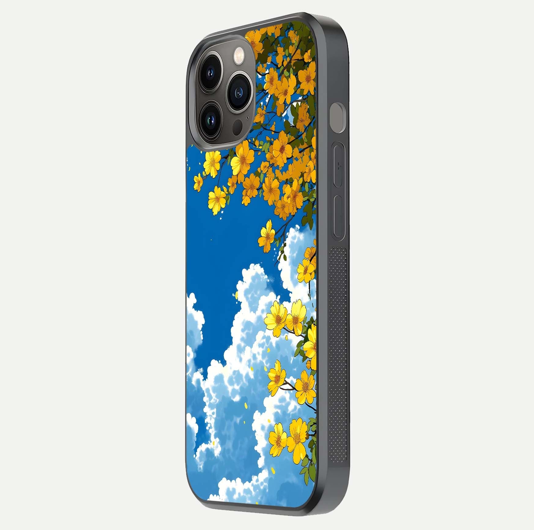 Golden Petal Sky Glass Case for iPhone 12 Pro Max side-angle image showing reflection depth and metallic floral tones