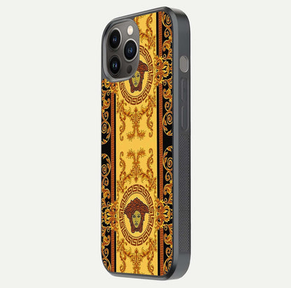 Golden Royal Heritage Glass Case for iPhone 12 Pro Max side-angle image showing reflection glow and luxury detailing