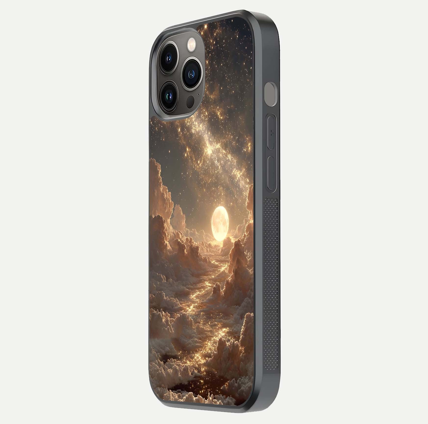 Golden Sky Dream Glass Case for iPhone 12 Pro Max side-angle image showing reflection shine and smooth surface