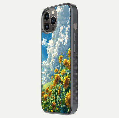 Golden Sun Glory Glass Case for iPhone 12 Pro Max side-angle image showing reflection glow and luminous texture