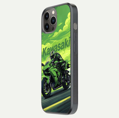 Green Kawasaki Glass Case for iPhone 12 Pro Max side-angle image showing reflection depth and metallic green accent