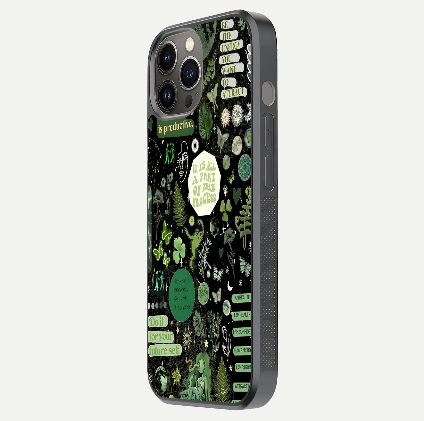 Green Moon Energy Glass Case for iPhone 12 Pro Max side-angle image showing reflection brilliance and curved finish