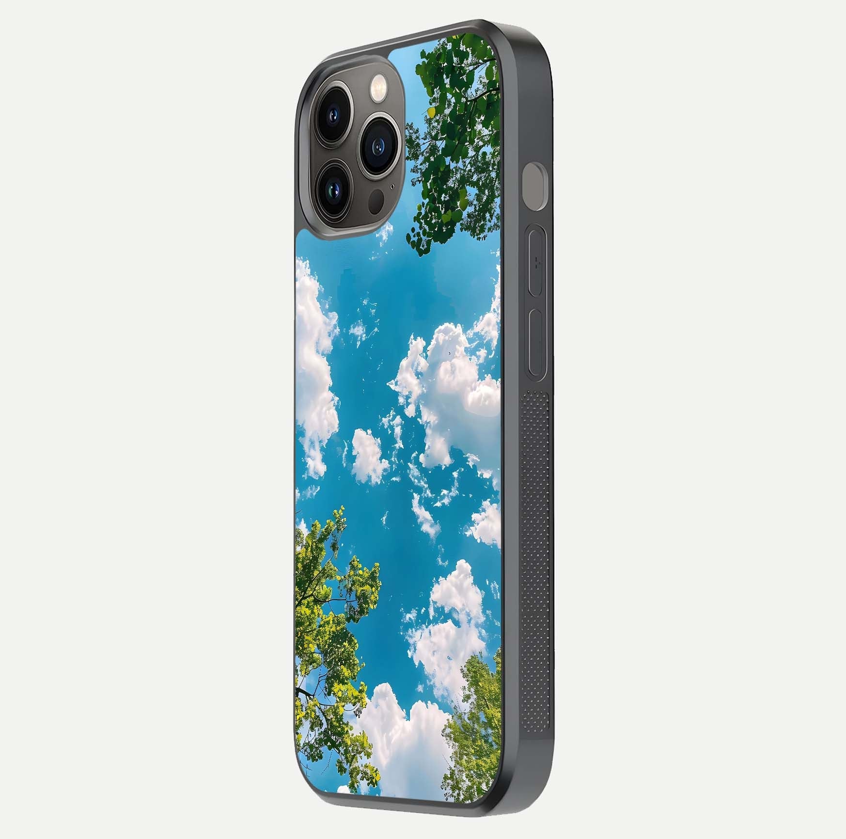 Greenery Sky Glass Case for iPhone 12 Pro Max side-angle image showing reflection glow and nature-themed pattern