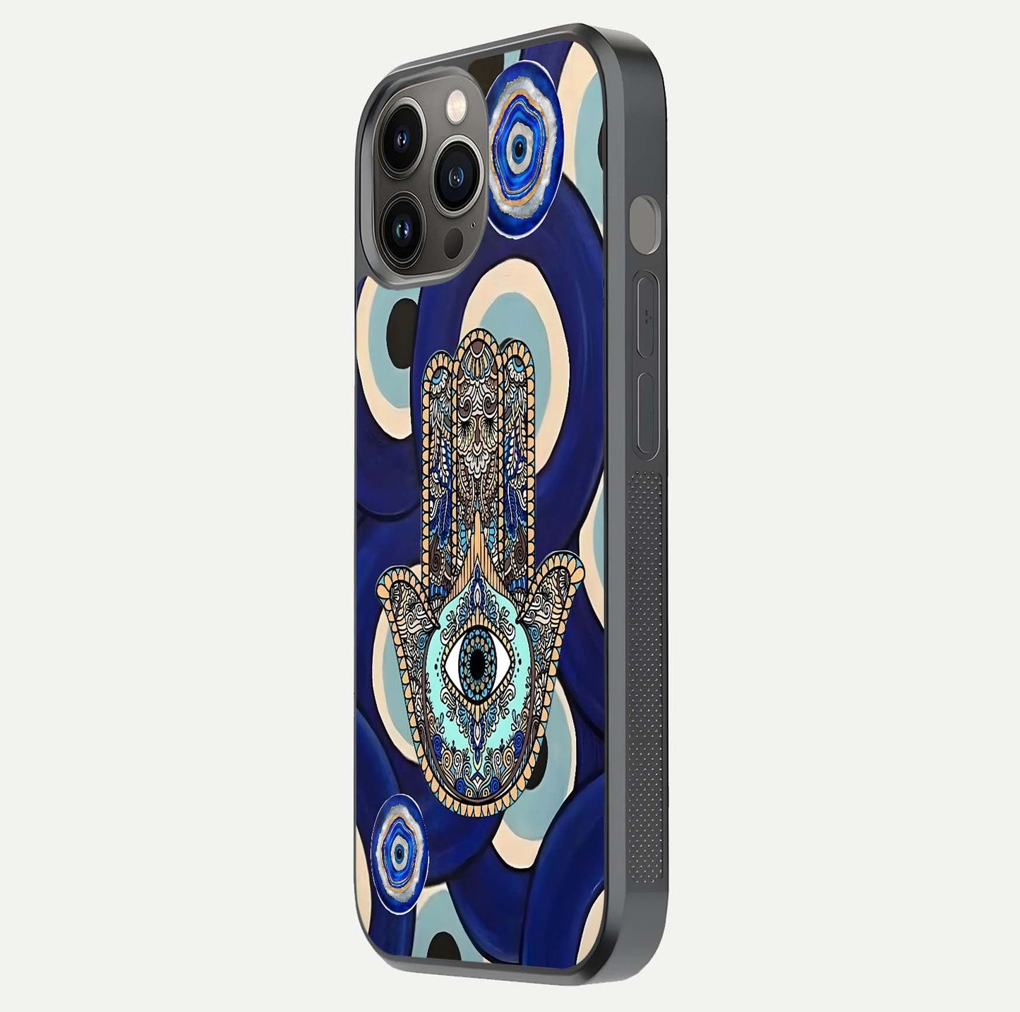 Hamsa Divine Guard Glass Case for iPhone 12 Pro Max side-angle image showing reflection brilliance and protective design