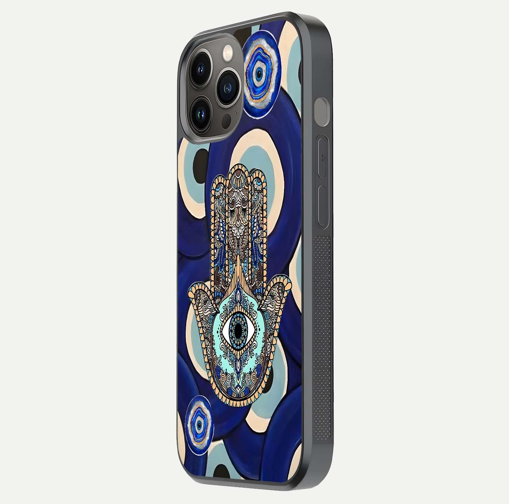 Hamsa Divine Guard Glass Case for iPhone 12 Pro Max side-angle image showing reflection brilliance and protective design