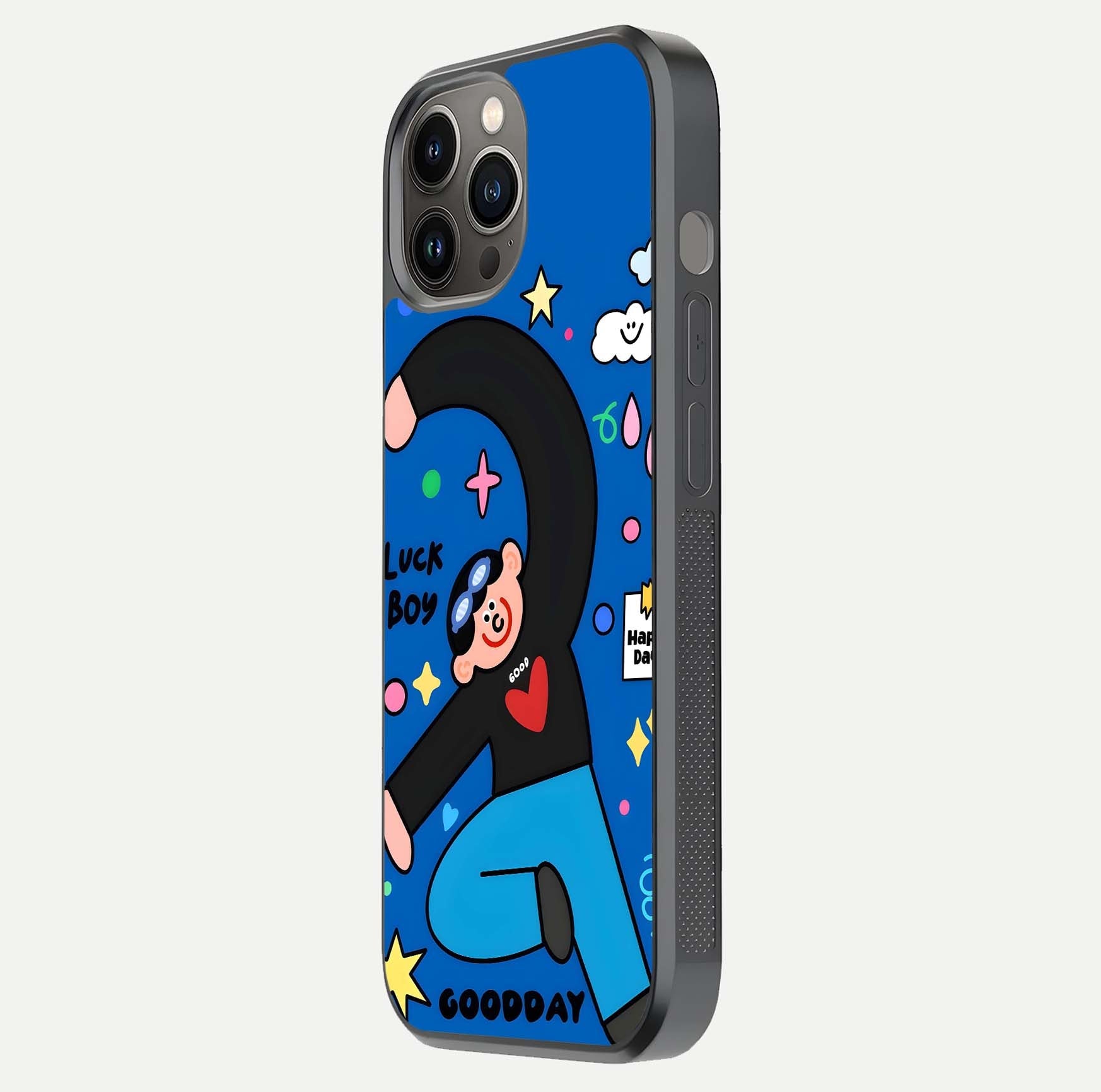 Happy Luck Vibe Glass Case for iPhone 12 Pro Max side-angle image showing reflection polish and vivid charm design