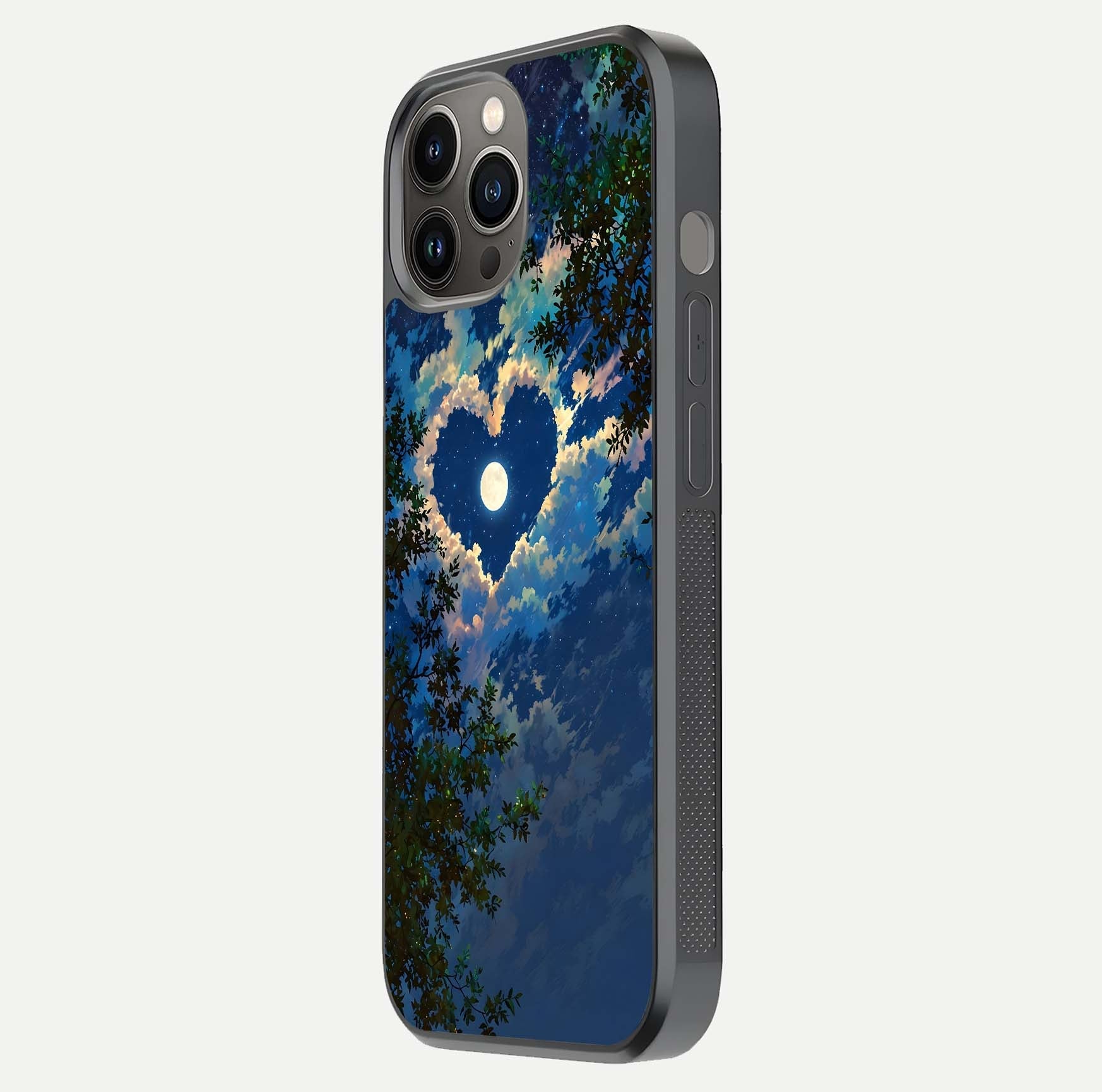 Heart with Moon Sky Glass Case for iPhone 12 Pro Max side-angle image showing reflection brightness and soft tone finish