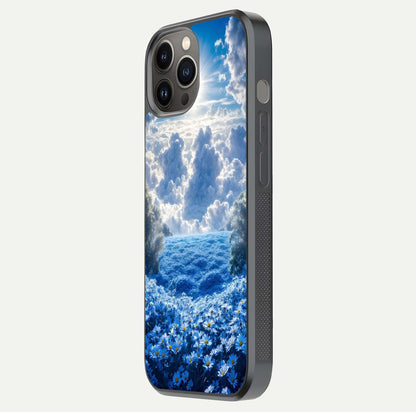 Heavenly Daisy Horizon Glass Case for iPhone 12 Pro Max side-angle image showing reflection depth and floral glow