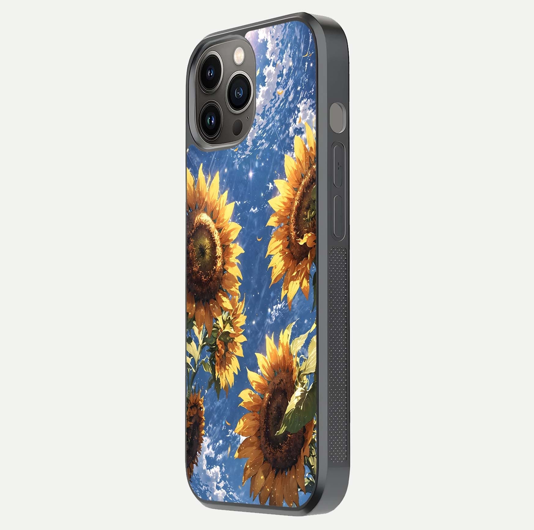 Heavenly Sunflower Rise Glass Case for iPhone 12 Pro Max side-angle image showing reflection glow and soft yellow tone
