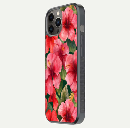 Hibiscus Pattern Glass Case for iPhone 12 Pro Max side-angle image showing reflection brightness and floral detailing