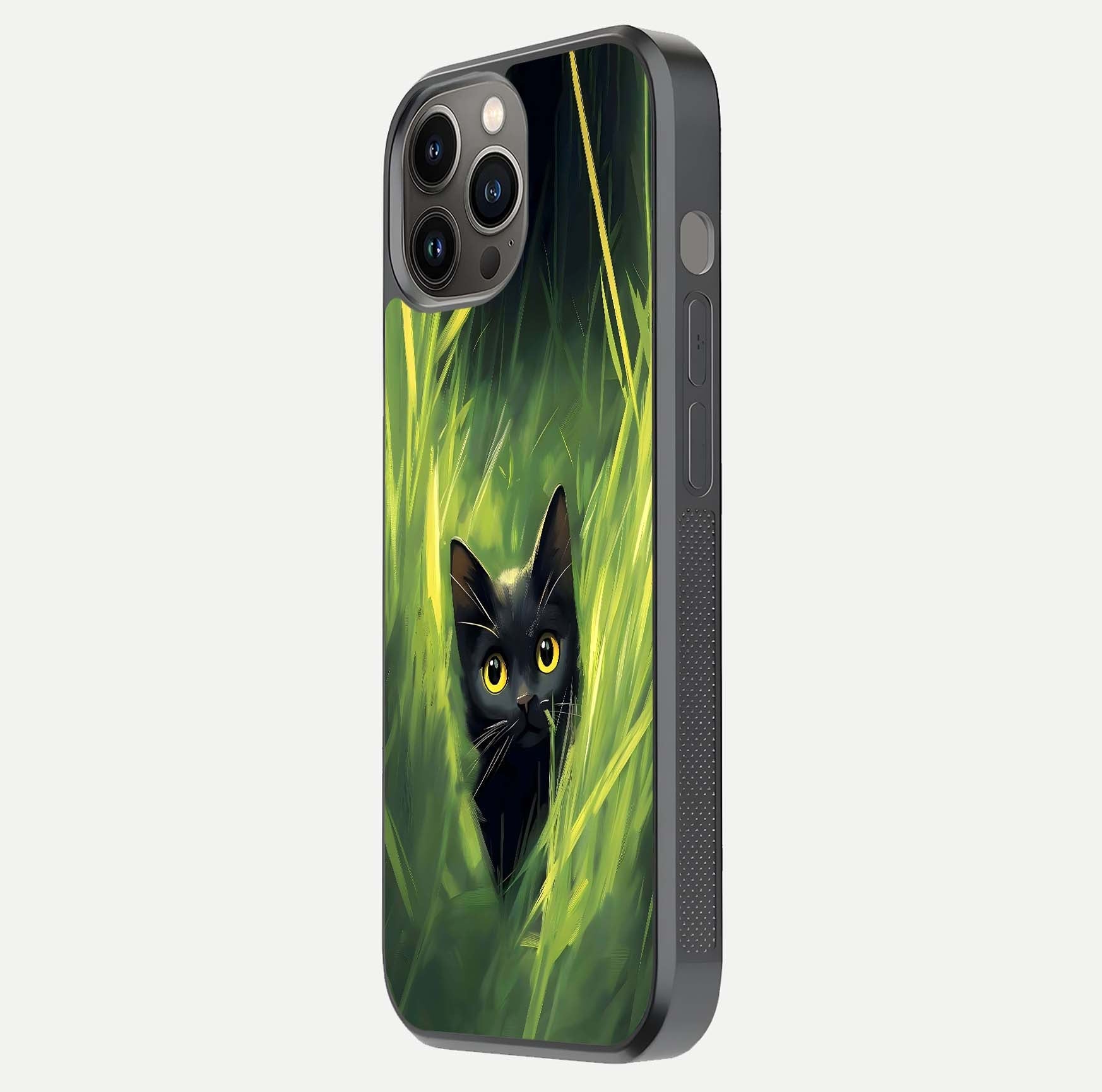 Hidden Cat Whisper Glass Case for iPhone 12 Pro Max side-angle image showing reflection glow and subtle artistic texture