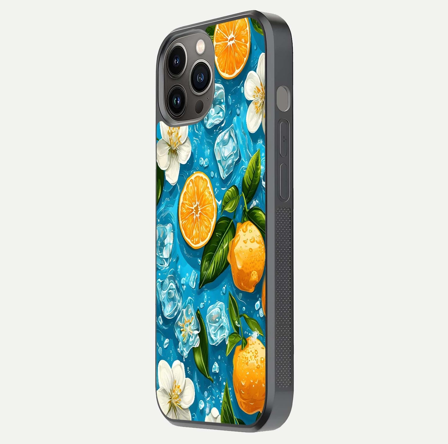 Ice Cube With Orange Glass Case for iPhone 12 Pro Max side-angle image showing reflection brightness and juicy pattern detail