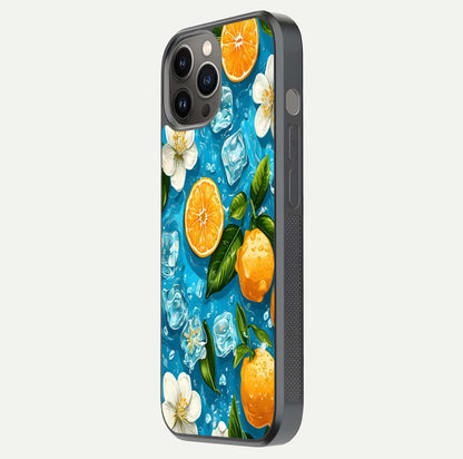 Ice Cube With Orange Glass Case for iPhone 12 Pro Max side-angle image showing reflection brightness and juicy pattern detail