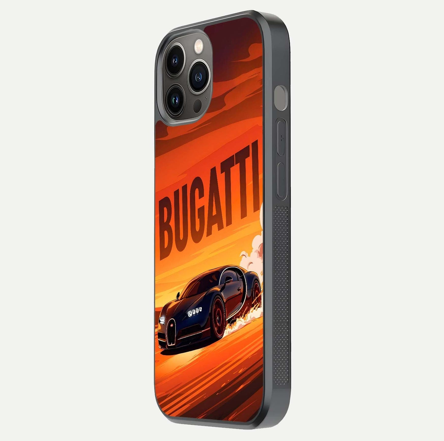 Inferno Bugatti Storm Glass Case for iPhone 12 Pro Max side-angle image showing reflection glow and vibrant red tones