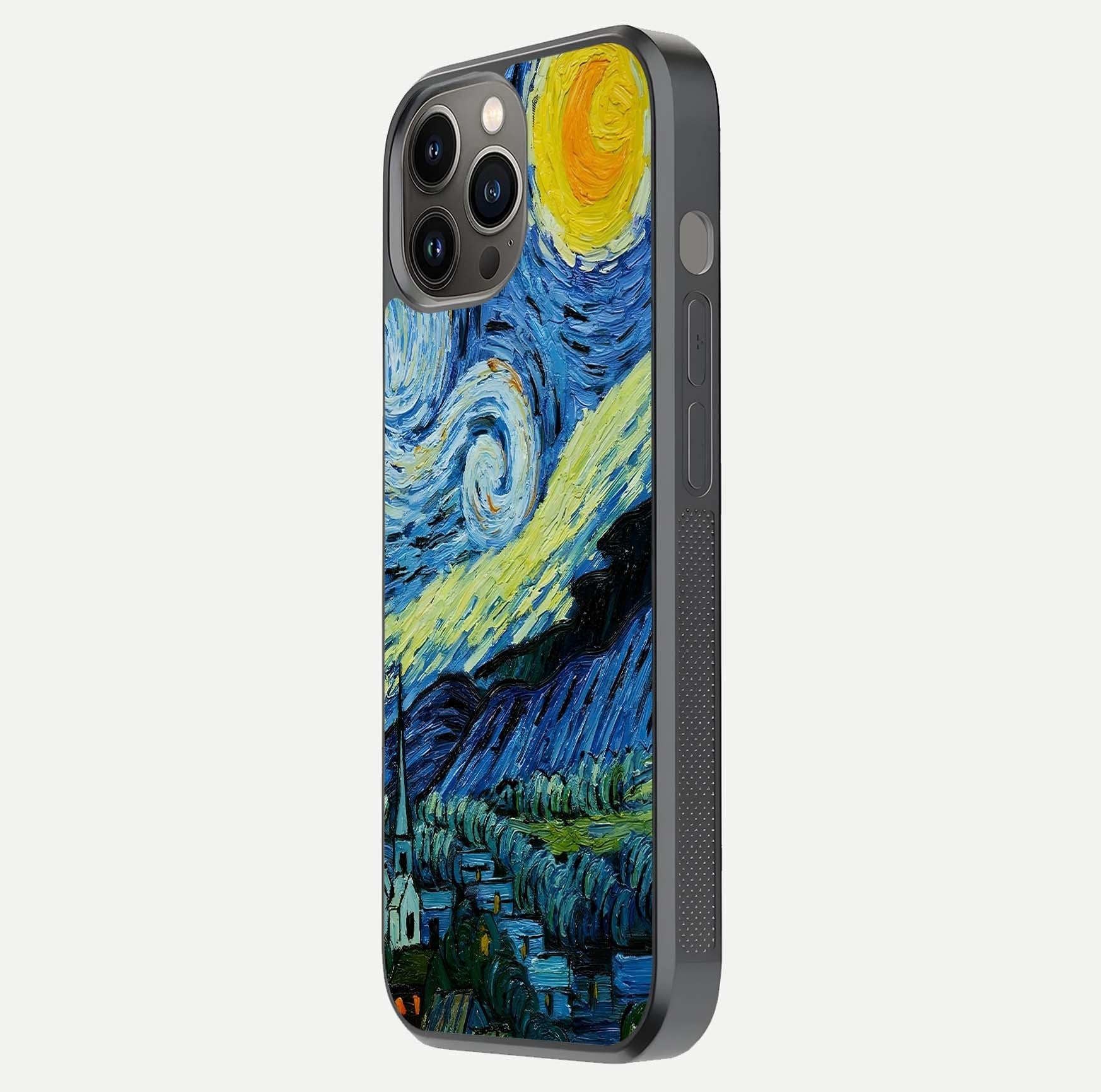 Inspired Van Gogh Art Glass Case for iPhone 12 Pro Max side-angle image showing reflection brilliance and painted surface look