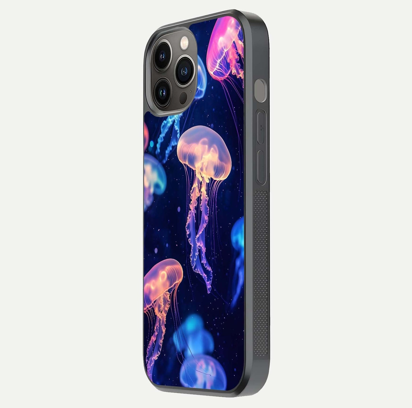 Jellyfish Pattern Glass Case for iPhone 12 Pro Max side-angle image showing reflection glow and soft water-blue gradient