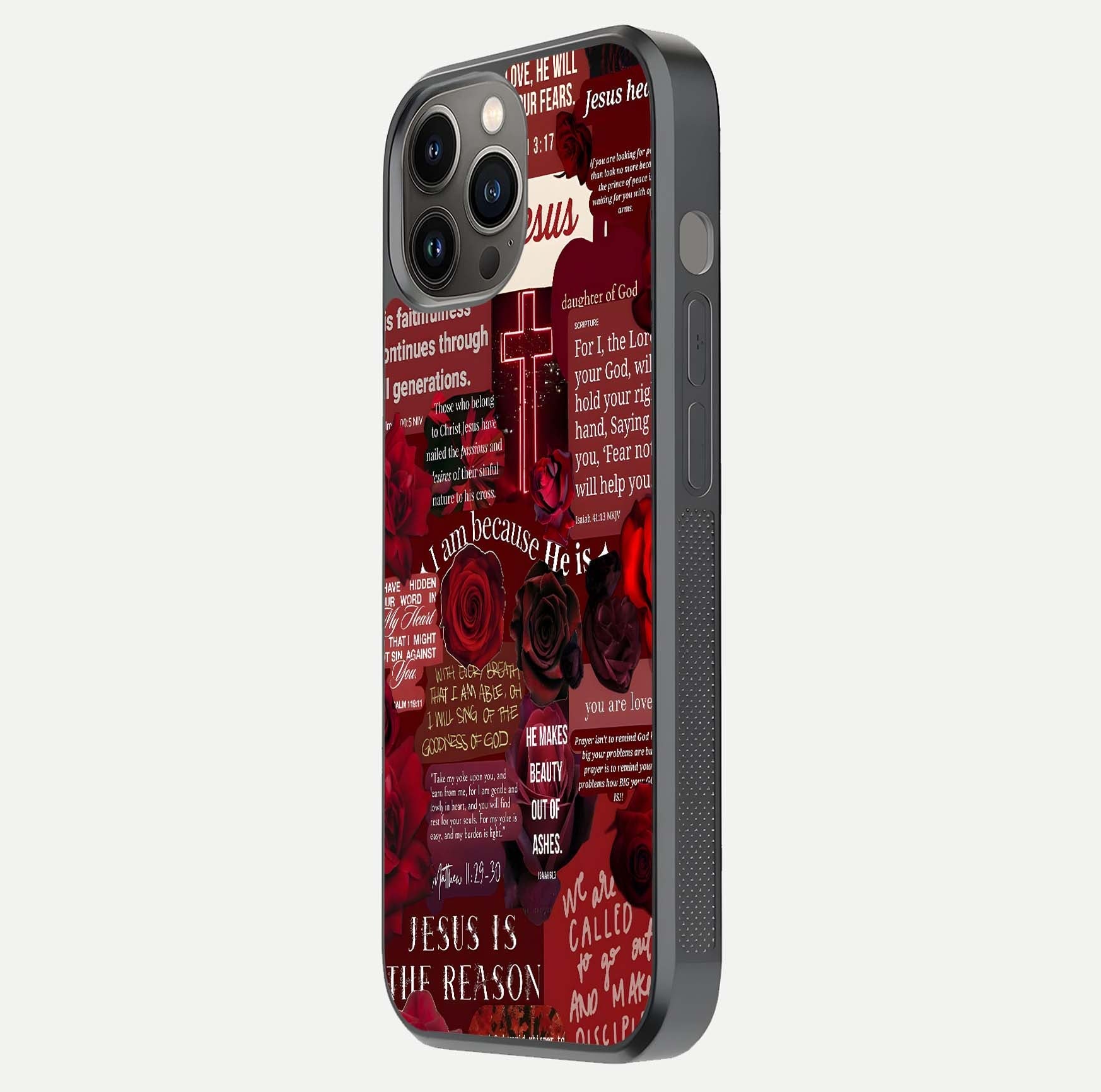Jesus Love Heals Glass Case for iPhone 12 Pro Max side-angle image highlighting gloss depth and spiritual aura
