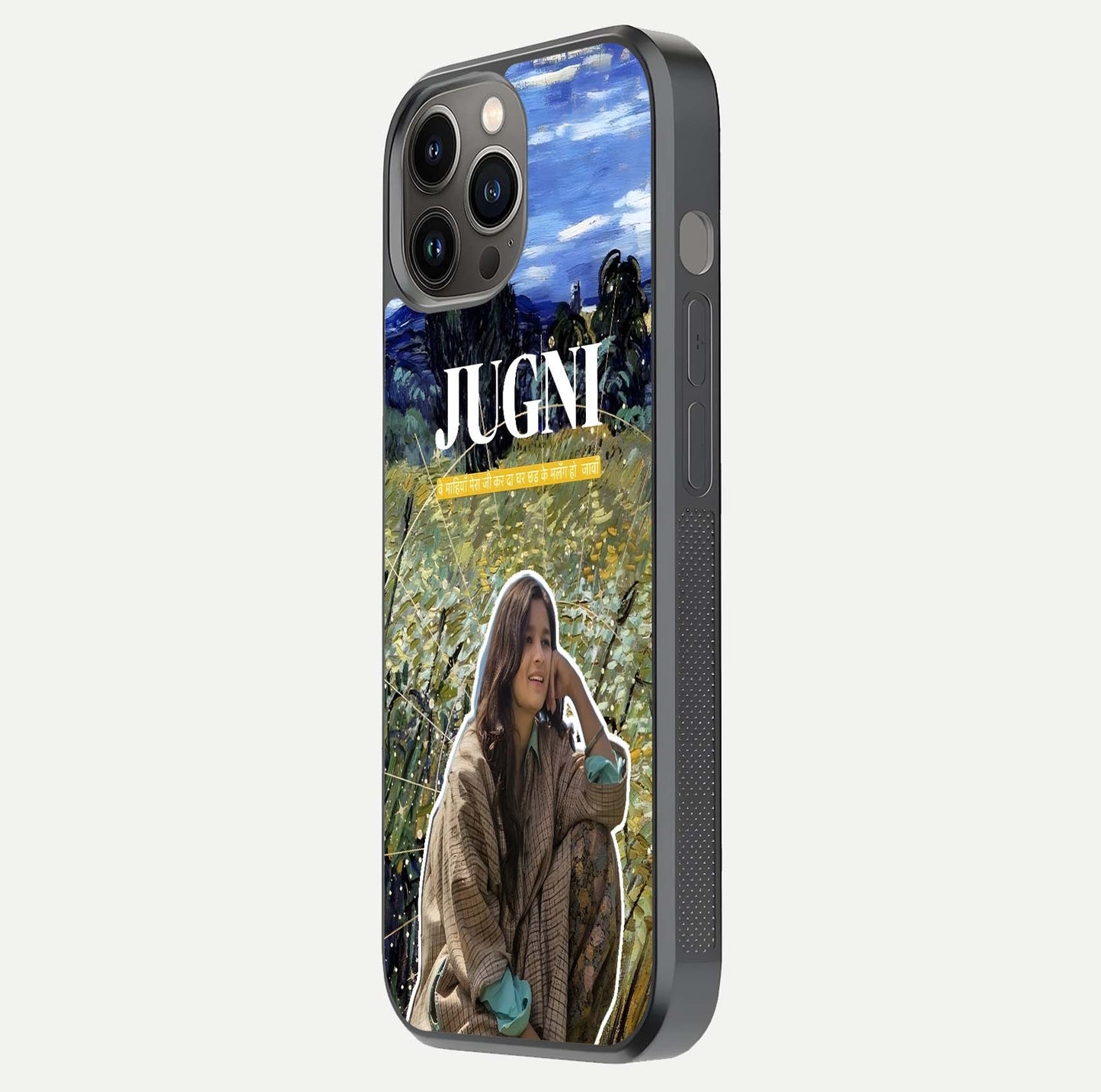 Jugni Soul Vibes Glass Case for iPhone 12 Pro Max side-angle image with stylish typography and HD finish