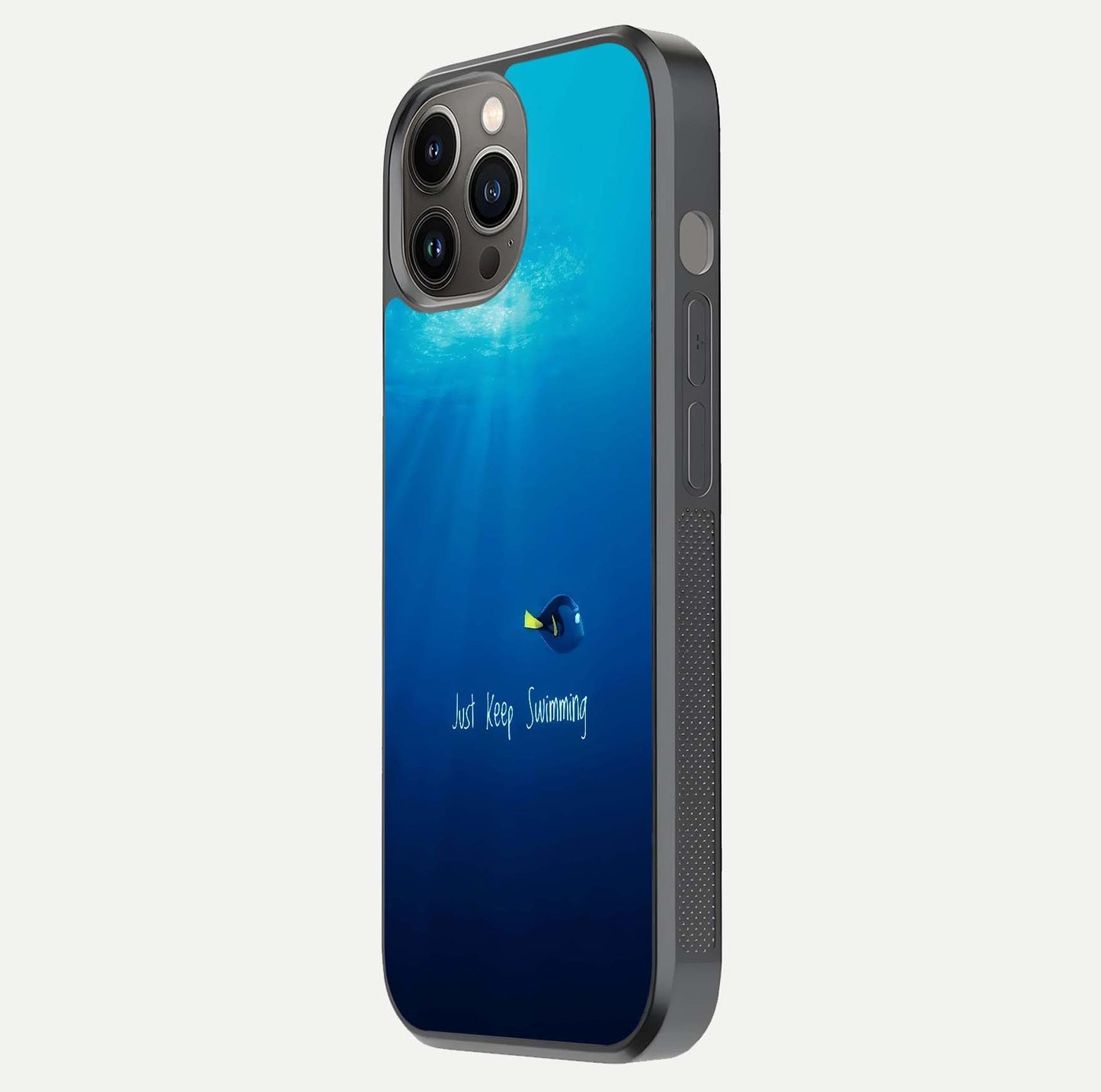 Just Keep Swimming Glass Case for iPhone 12 Pro Max side-angle image highlighting reflective surface and positive quote