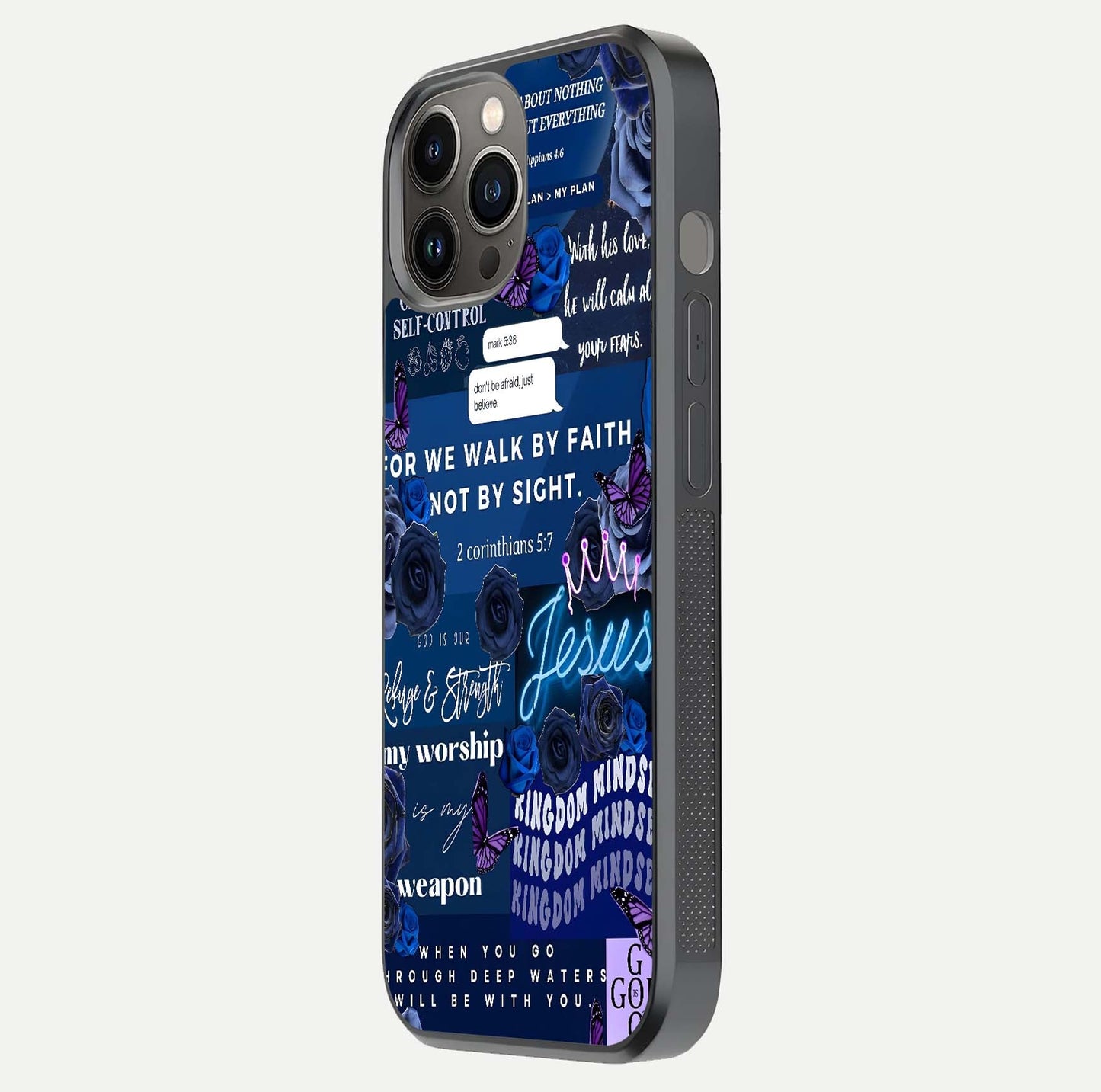 Kingdom Faith Glow Glass Case for iPhone 12 Pro Max side-angle image with reflective cross and faith glow
