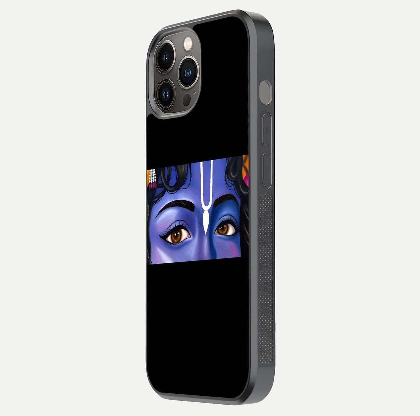 Krishna Eye Glass Case for iPhone 12 Pro Max side-angle image showing reflection clarity and Krishna symbol design