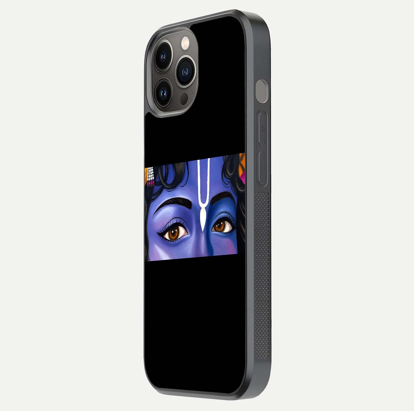 Krishna Eye Glass Case for iPhone 12 Pro Max side-angle image showing reflection clarity and Krishna symbol design