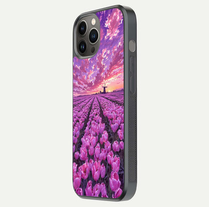 Lavender Dream Skies Glass Case for iPhone 12 Pro Max side-angle image showing reflection depth and serene tones