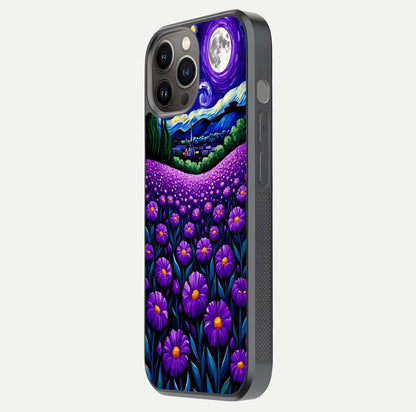 Lavender Moon Field Glass Case for iPhone 12 Pro Max side-angle image showing HD reflection and moonlit lavender art