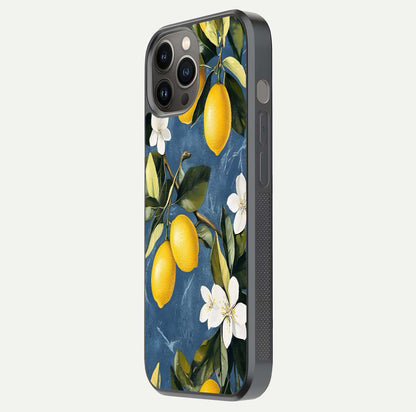 Lemon Dream Garden Glass Case for iPhone 12 Pro Max side-angle image showing reflection clarity and artistic fruit design