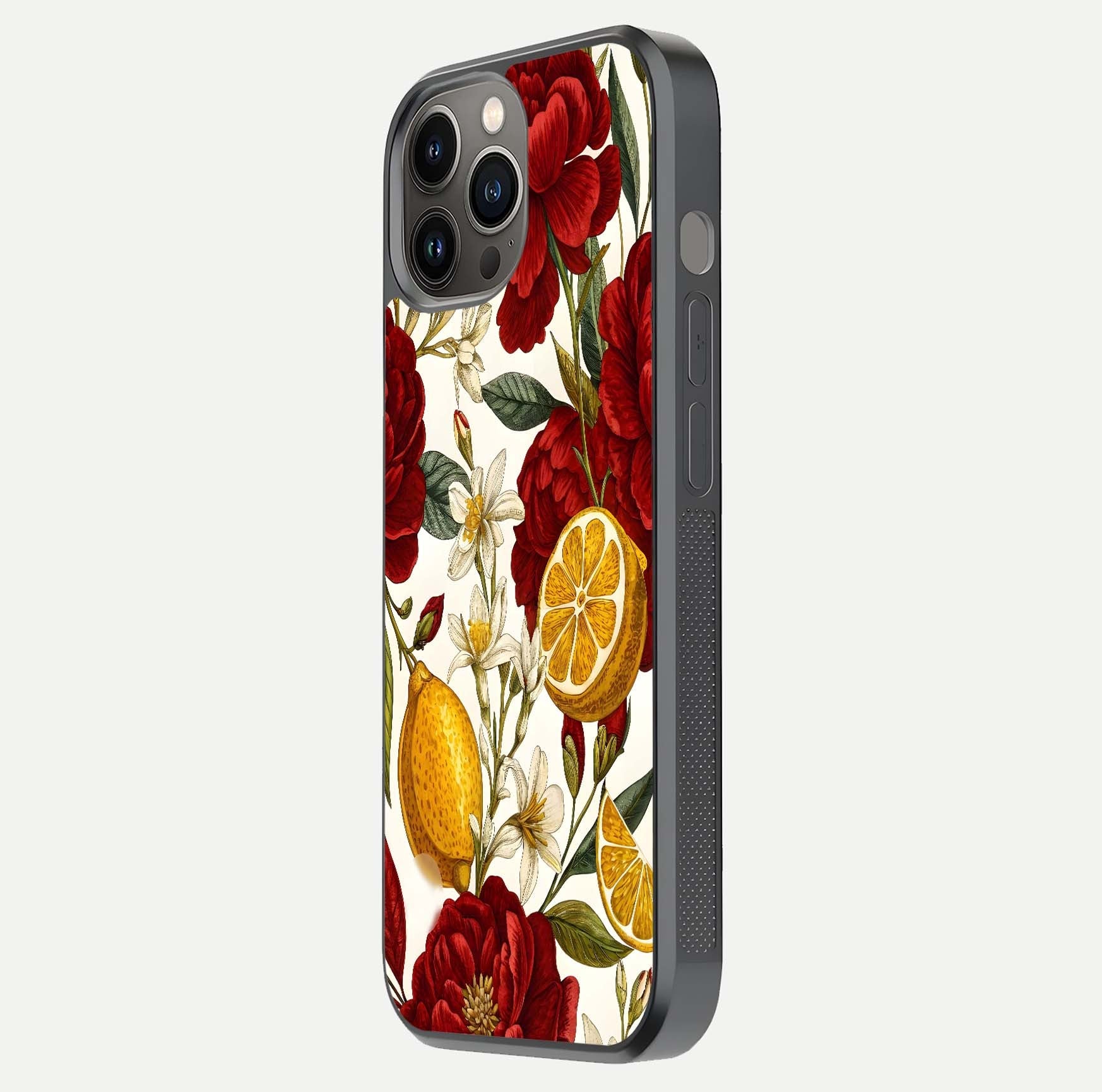 Lemon Rose Charm Glass Case for iPhone 12 Pro Max side-angle image revealing reflection depth and vibrant flower art