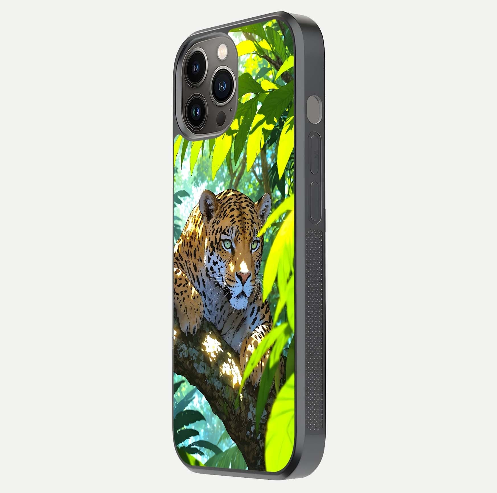 Leopard in Jungle Glass Case for iPhone 12 Pro Max side-angle shot emphasizing contrast and fierce design clarity