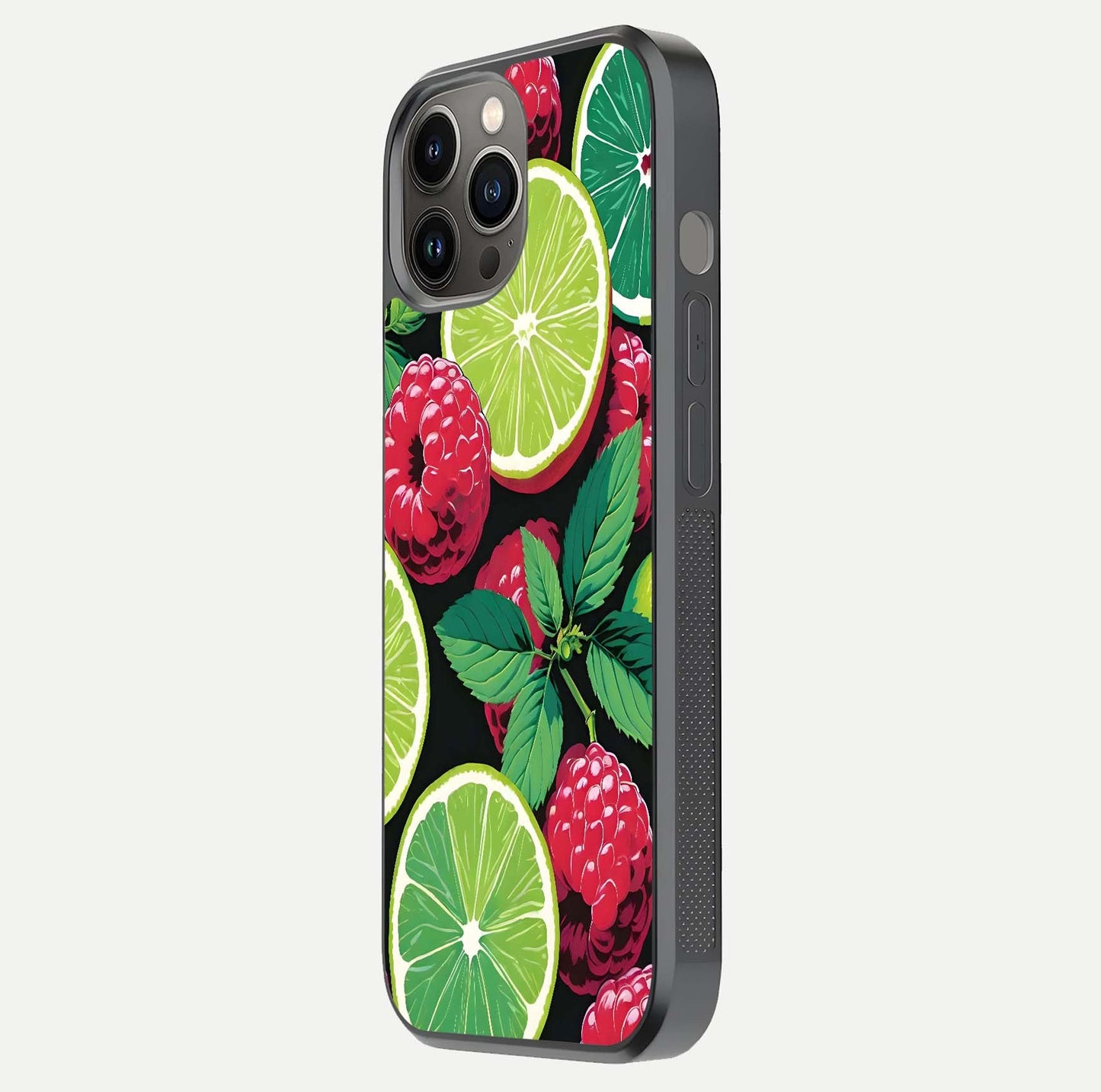 Lime and Raspberry Pattern Glass Case for iPhone 12 Pro Max side-angle view revealing colorful fruit artwork details