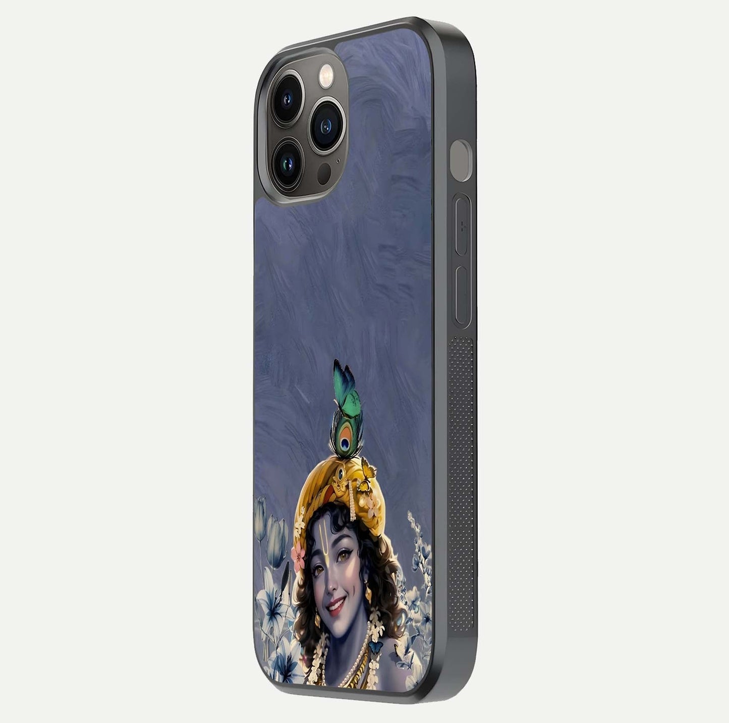 Lord Krishna Glass Case for iPhone 12 Pro Max side-angle image emphasizing premium reflection and sacred motif