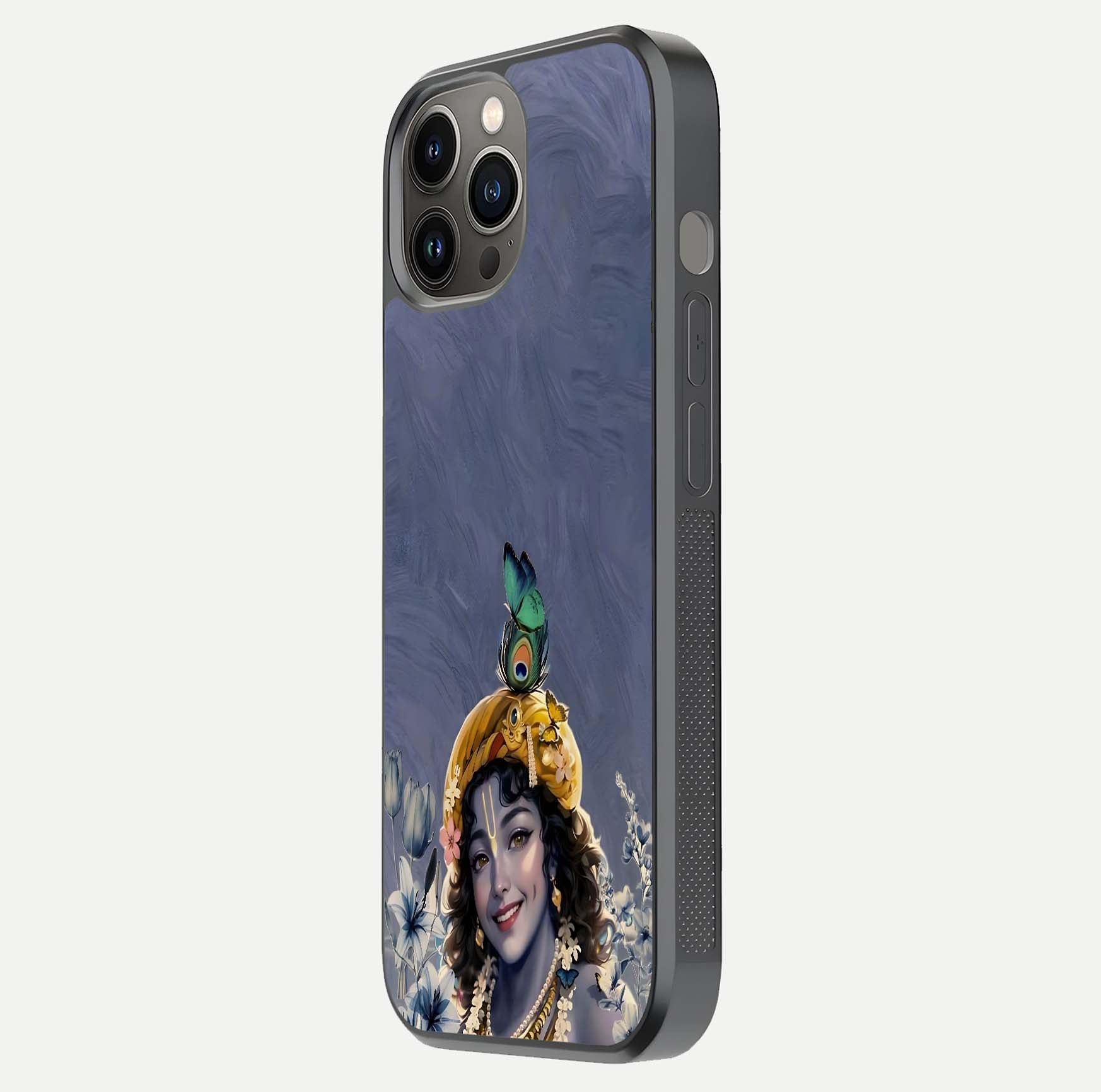 Lord Krishna Glass Case for iPhone 12 Pro Max side-angle image emphasizing premium reflection and sacred motif