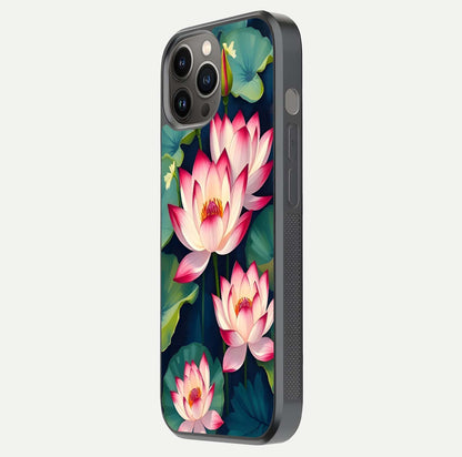 Lotus Dream Serenity Glass Case for iPhone 12 Pro Max side-angle image revealing reflection clarity and calm tones
