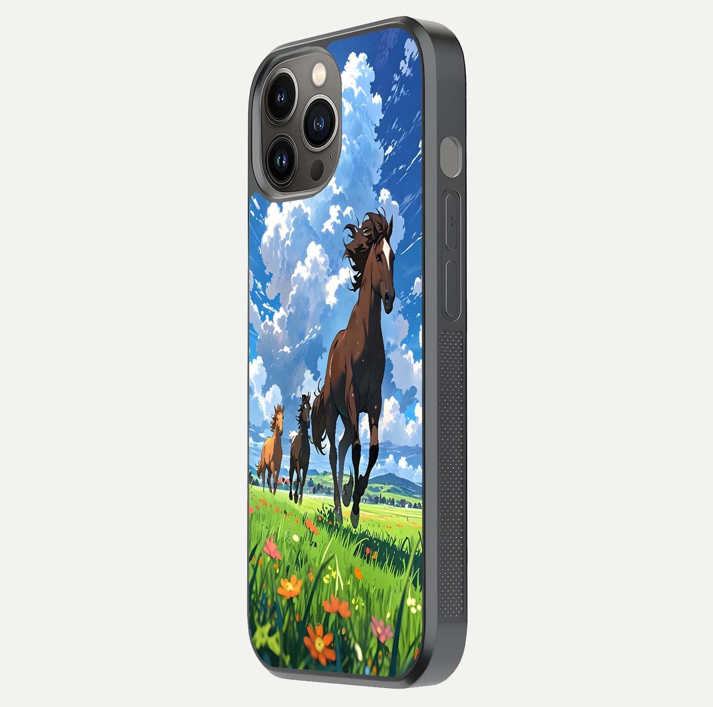 Majestic Horses Galloping Glass Case for iPhone 12 Pro Max side-angle shot emphasizing reflection and running artwork