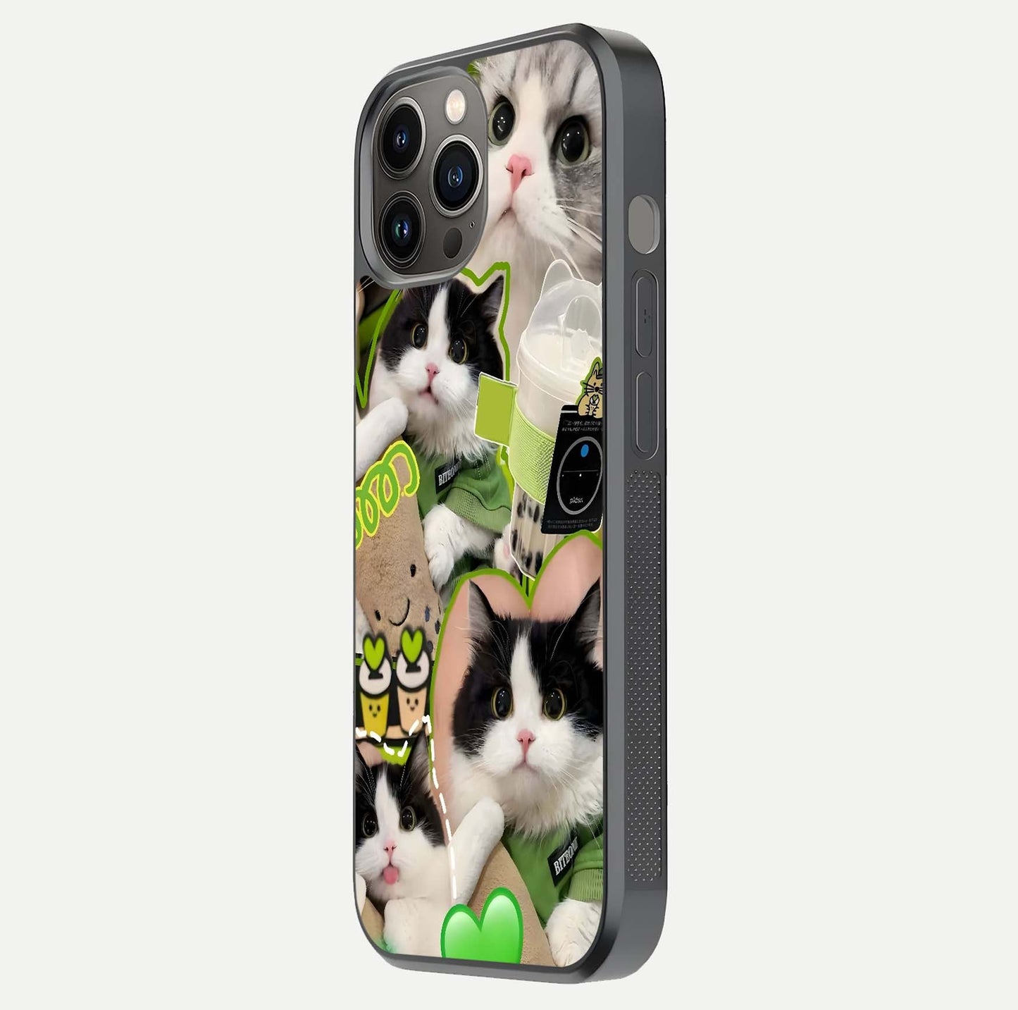 Matcha Cats Mood Glass Case for iPhone 12 Pro Max side-angle image showing shine clarity and cat pattern charm