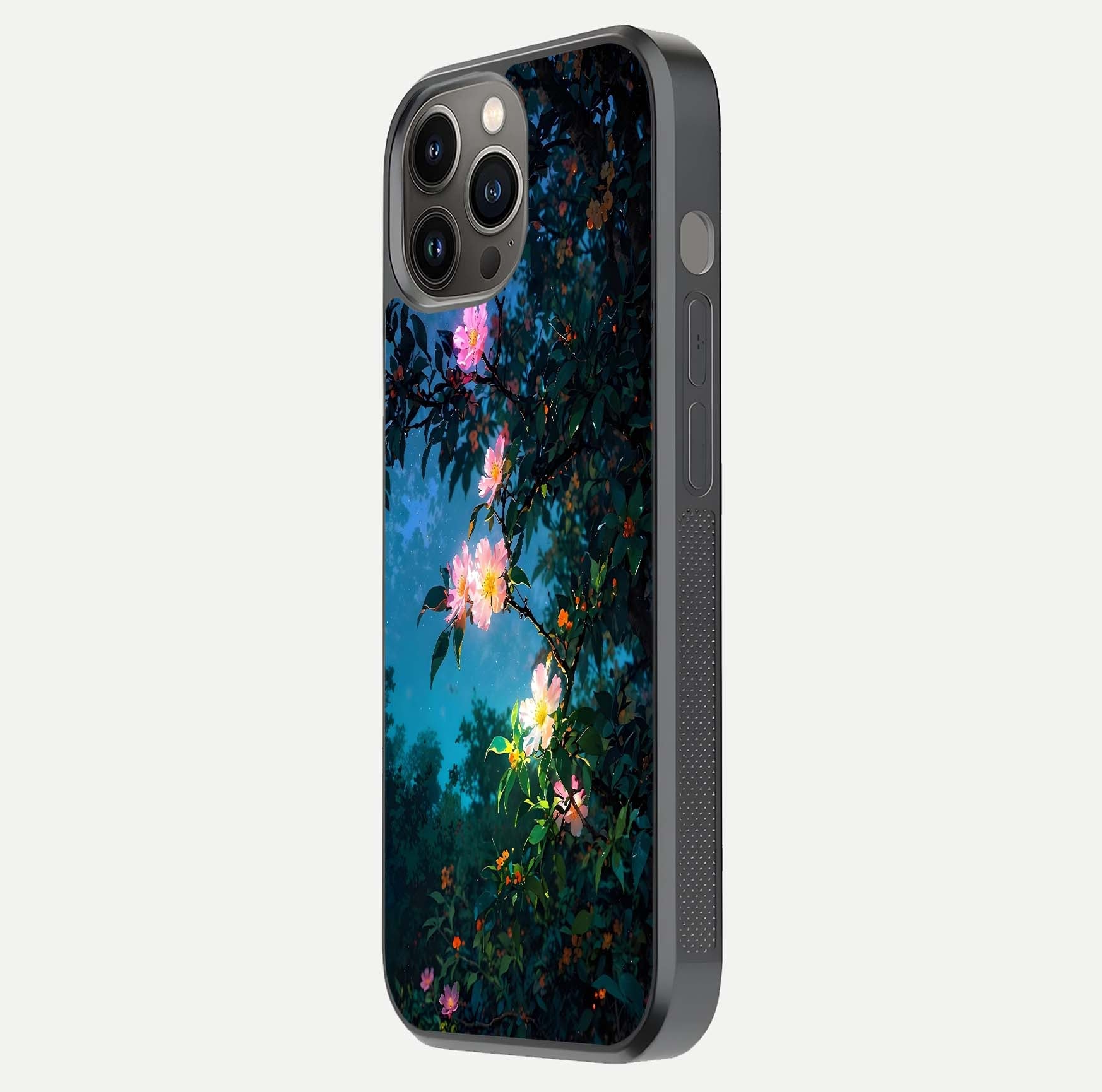 Midnight Bloom Glow Glass Case for iPhone 12 Pro Max side-angle image revealing reflection and deep midnight hues