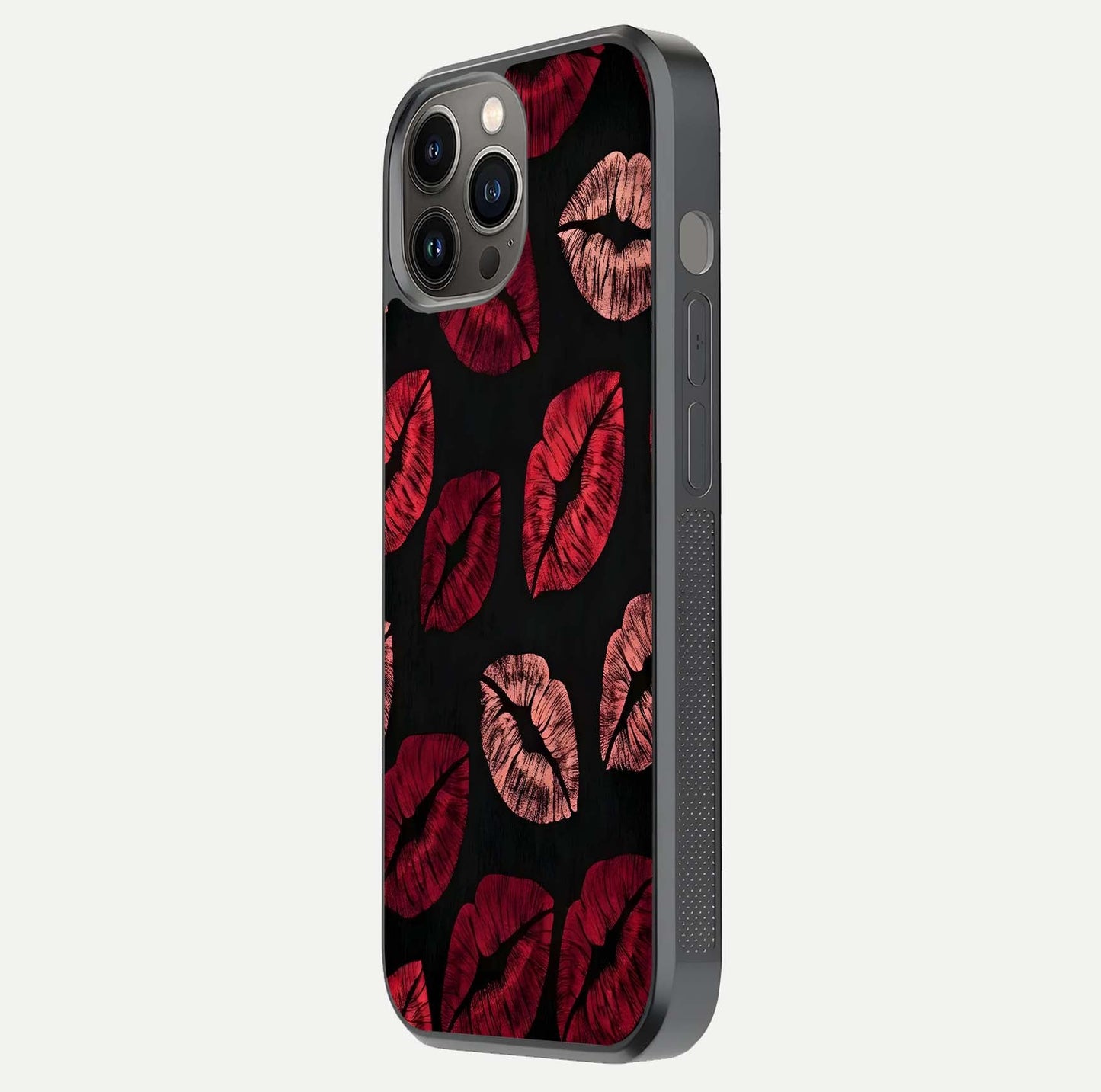 Midnight Kiss Love Glass Case for iPhone 12 Pro Max side-angle image revealing gloss texture and deep love motif