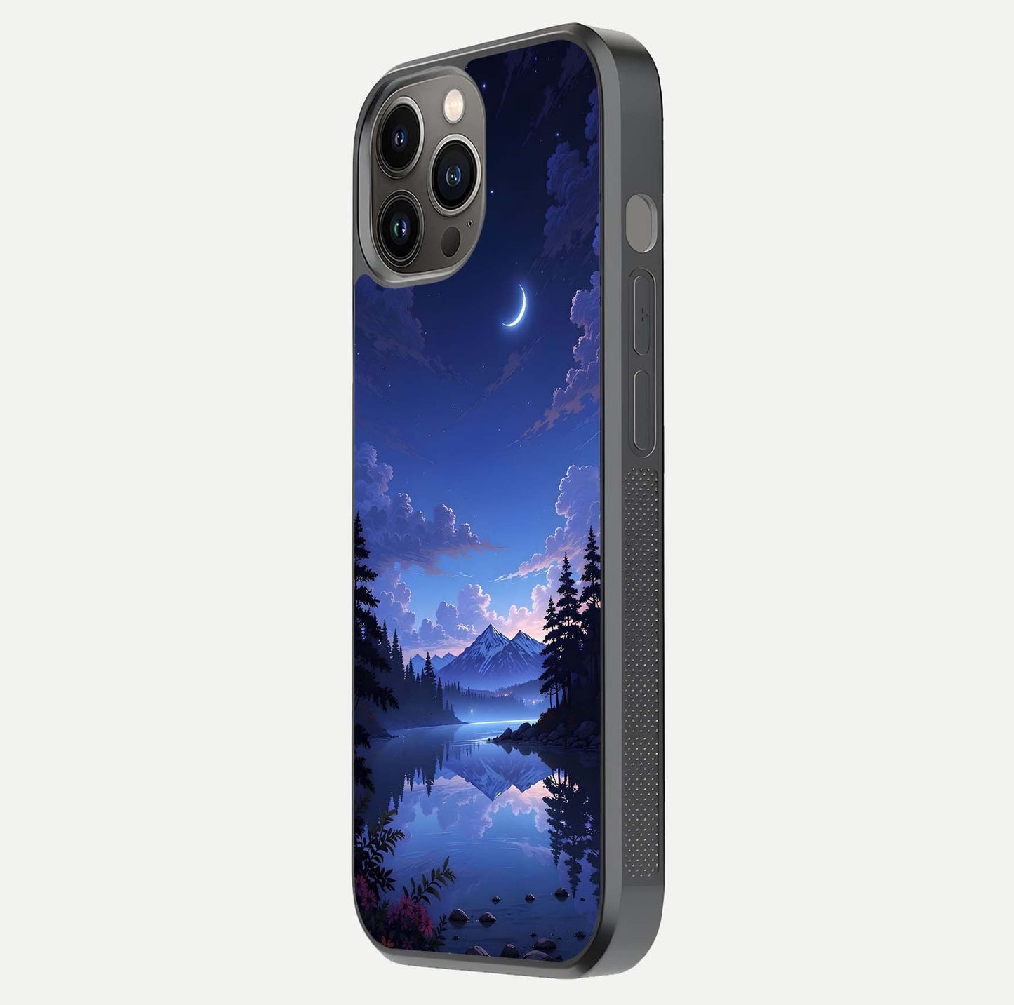 Midnight Lake Peace Glass Case for iPhone 12 Pro Max side-angle image showing HD shine and tranquil color tones
