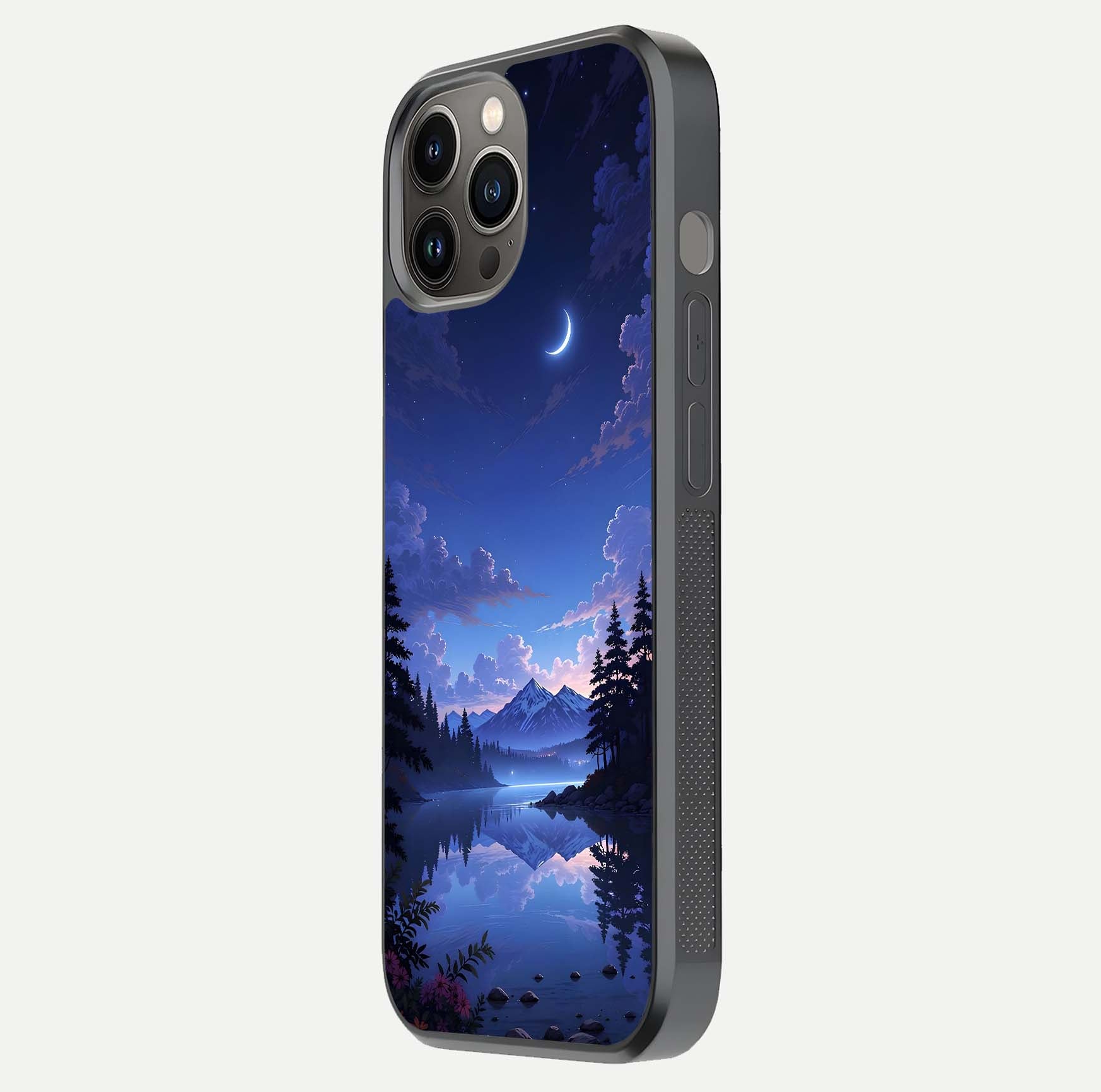 Midnight Lake Peace Glass Case for iPhone 12 Pro Max side-angle image showing HD shine and tranquil color tones