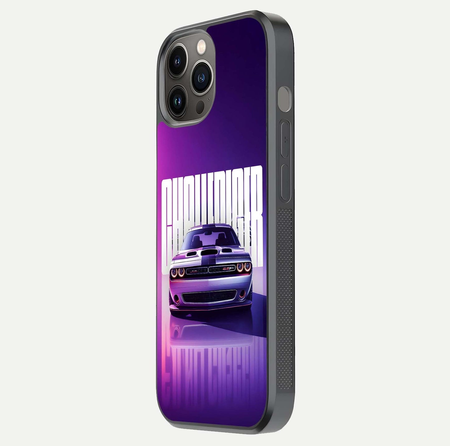 Midnight Muscle Ride Glass Case for iPhone 12 Pro Max side-angle image showing reflection clarity and bold design