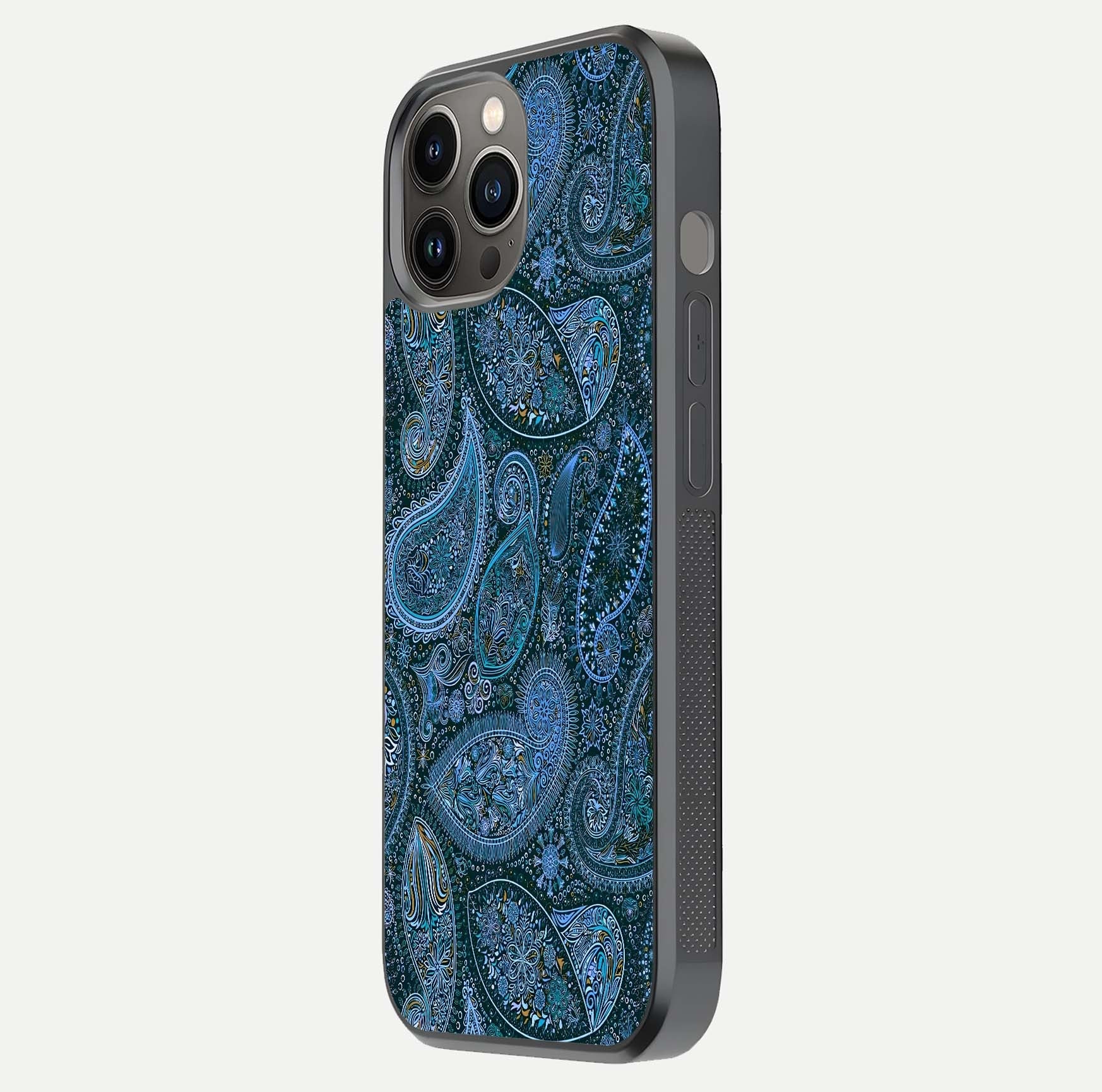 Midnight Paisley Glow Glass Case for iPhone 12 Pro Max side-angle image revealing reflective gloss and paisley art