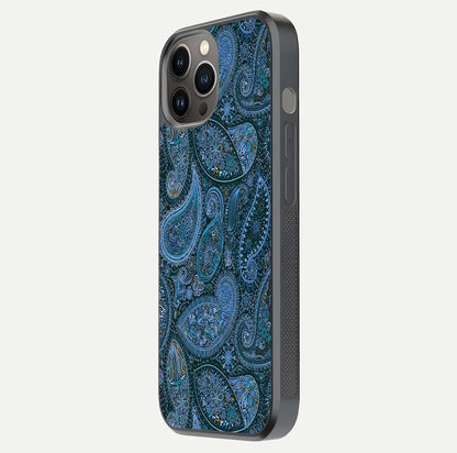 Midnight Paisley Glow Glass Case for iPhone 12 Pro Max side-angle image revealing reflective gloss and paisley art
