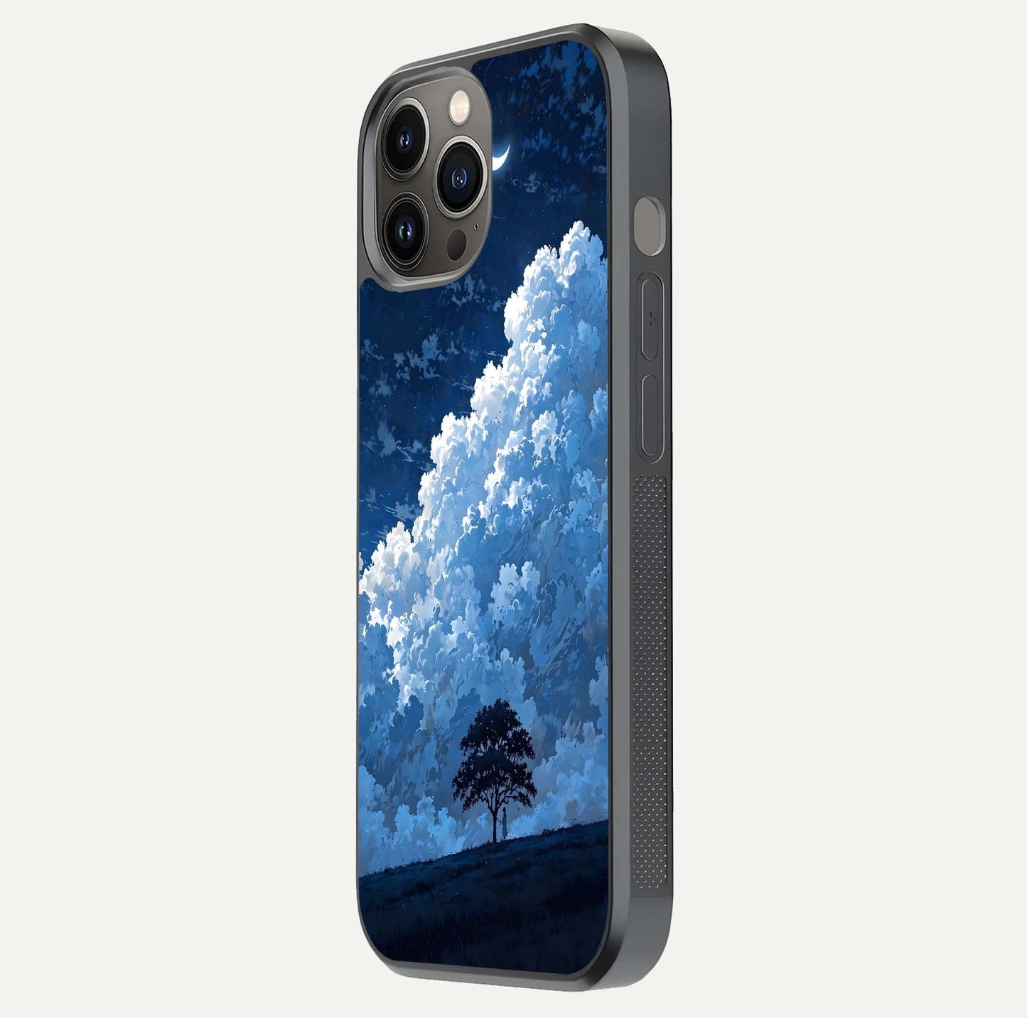 Midnight Sky Serenity Glass Case for iPhone 12 Pro Max side-angle image showing soft glow and smooth reflection