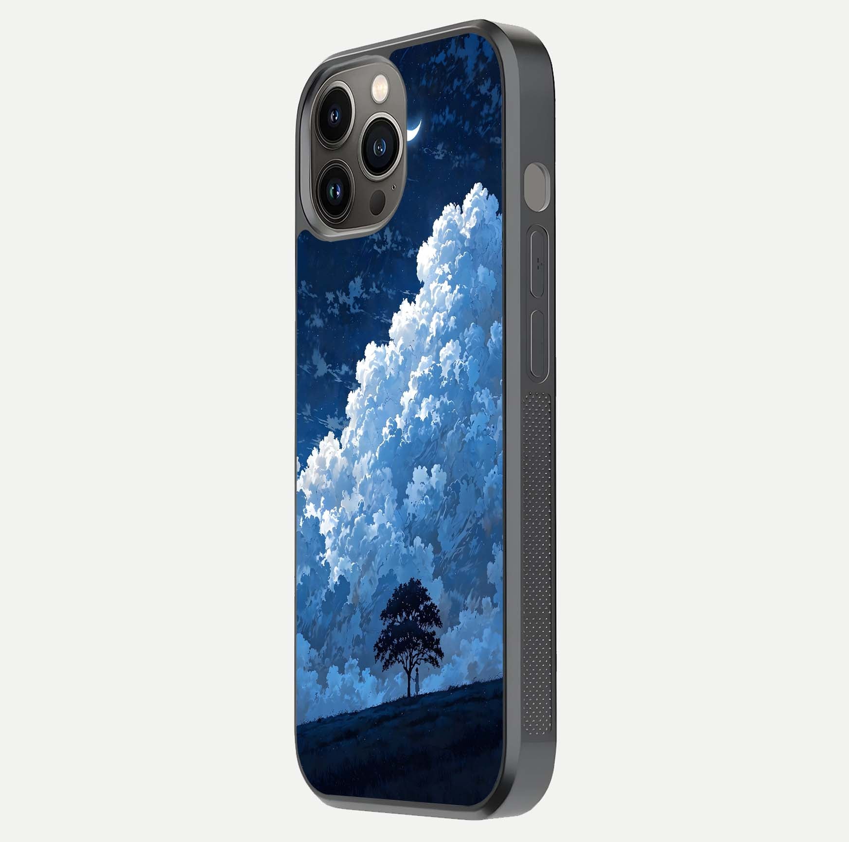 Midnight Sky Serenity Glass Case for iPhone 12 Pro Max side-angle image showing soft glow and smooth reflection