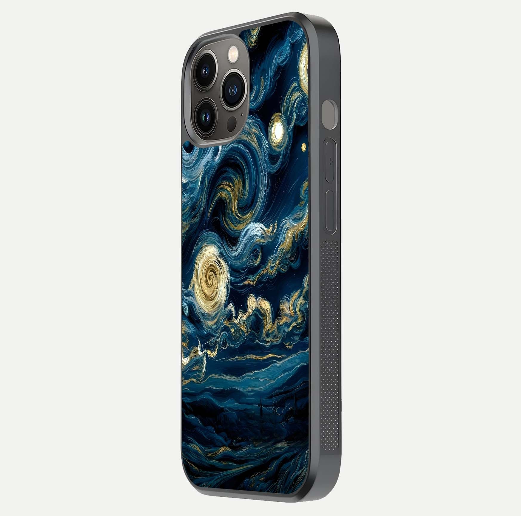 Midnight Sky Whirl Glass Case for iPhone 12 Pro Max side-angle image showing reflection depth and galaxy pattern