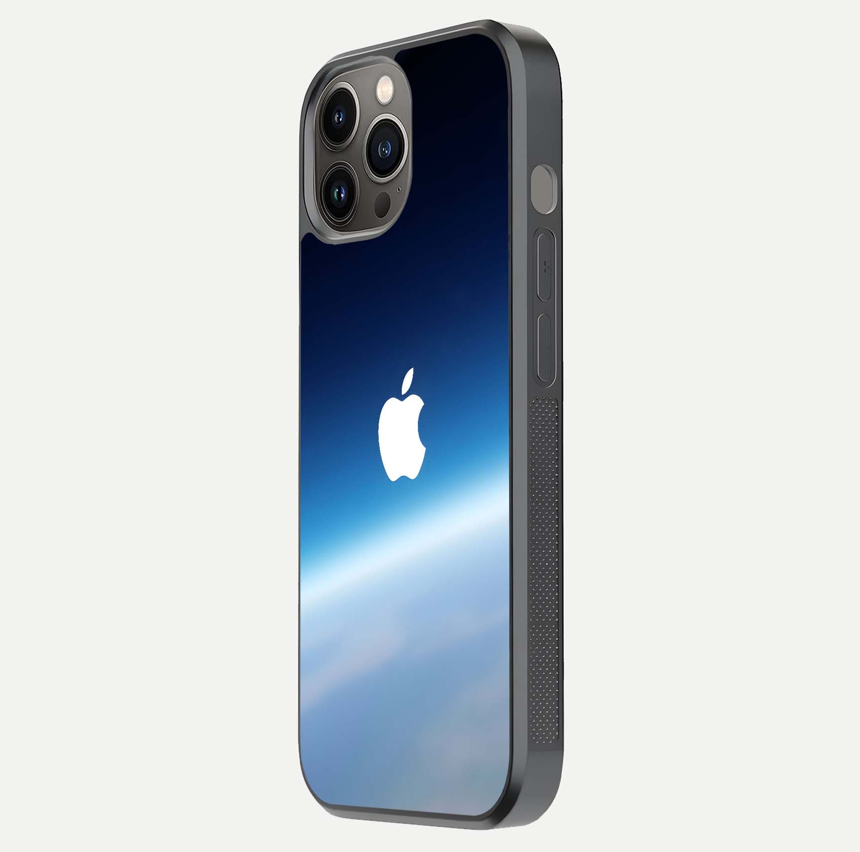 Minimal Apple Sky Glass Case for iPhone 12 Pro Max side-angle image showing smooth reflection and gentle sky tone