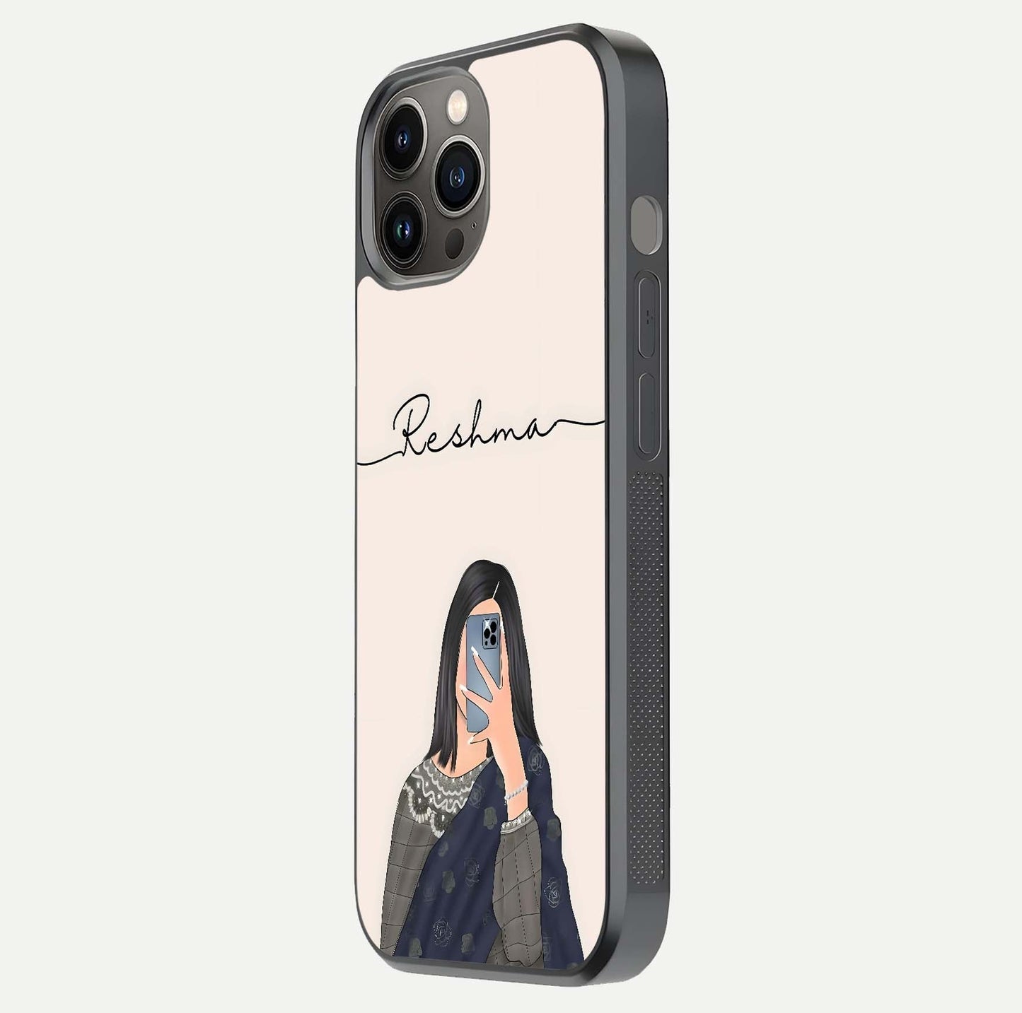Mirror Mood Muse Custom Name Glass Case for iPhone 12 Pro Max side-angle image emphasizing glossy mirror texture